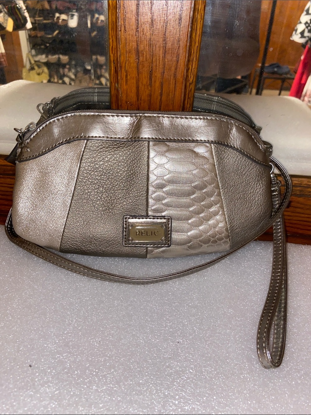 Relic Metallic Pewter Wristlet Clutch With Detachable Strap